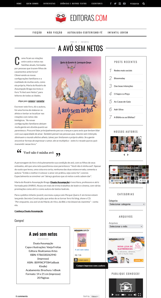 Print da página do site Editoras.com a matéria sobre o livro “A avó sem netos” de Duaia Assumpção, publicado pela Realizamos Artes