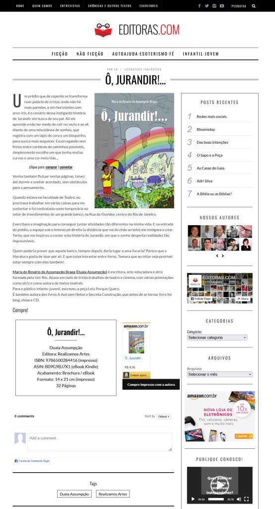 Print da página do site Editoras.com a matéria sobre o livro “Ô, Jurandir!...” de Duaia Assumpção, publicado pela Realizamos Artes
