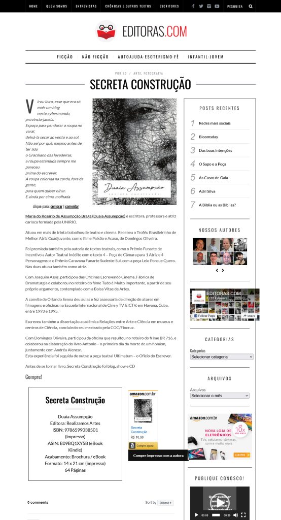 Print da página do site Editoras.com a matéria sobre o livro Secreta Construção de Duaia Assumpção, publicado pela Realizamos Artes