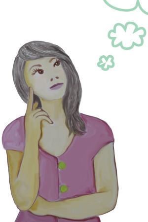 ilustração de Vanja Freitas: moça pensativa. para o livro "A Avó sem netos". Ela tem cabelos castanhos, e olha para o alto, cabeça levemente inclinada e mão no rosto.